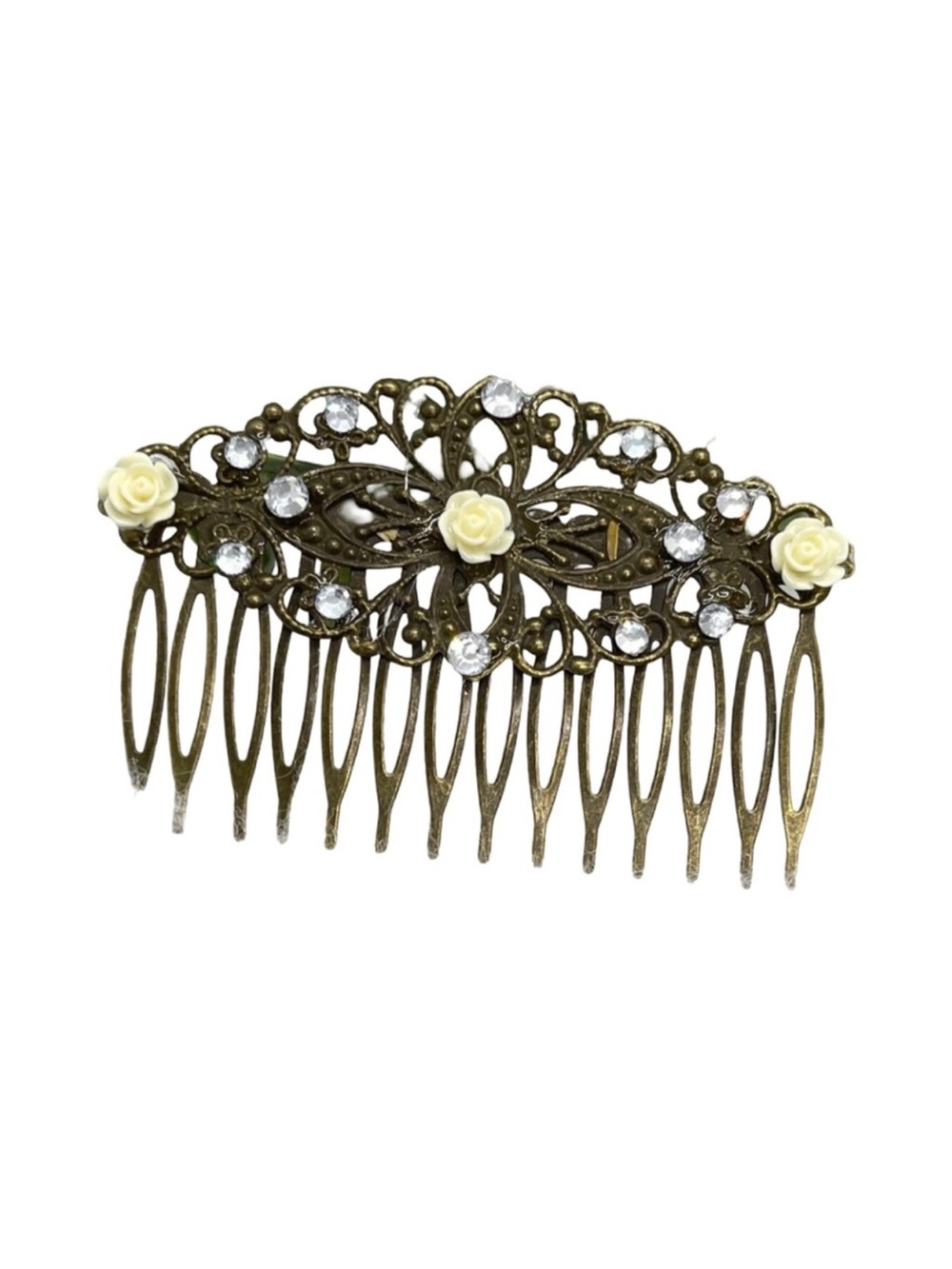 Vintage-Style Brass Hair Comb 3.0” Cream Rose Accents FINAL PRICE DROP